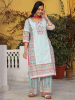 Thumbnail for Juniper Sky Blue Cotton Ikat Printed Kurta With Pants And Dupatta Set With Thread Embroidery & Laces - Distacart