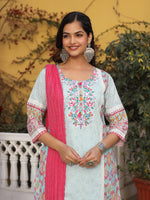 Thumbnail for Juniper Sky Blue Cotton Ikat Printed Kurta With Pants And Dupatta Set With Thread Embroidery & Laces - Distacart