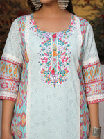 Thumbnail for Juniper Sky Blue Cotton Ikat Printed Kurta With Pants And Dupatta Set With Thread Embroidery & Laces - Distacart