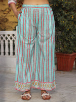 Thumbnail for Juniper Sky Blue Cotton Ikat Printed Kurta With Pants And Dupatta Set With Thread Embroidery & Laces - Distacart