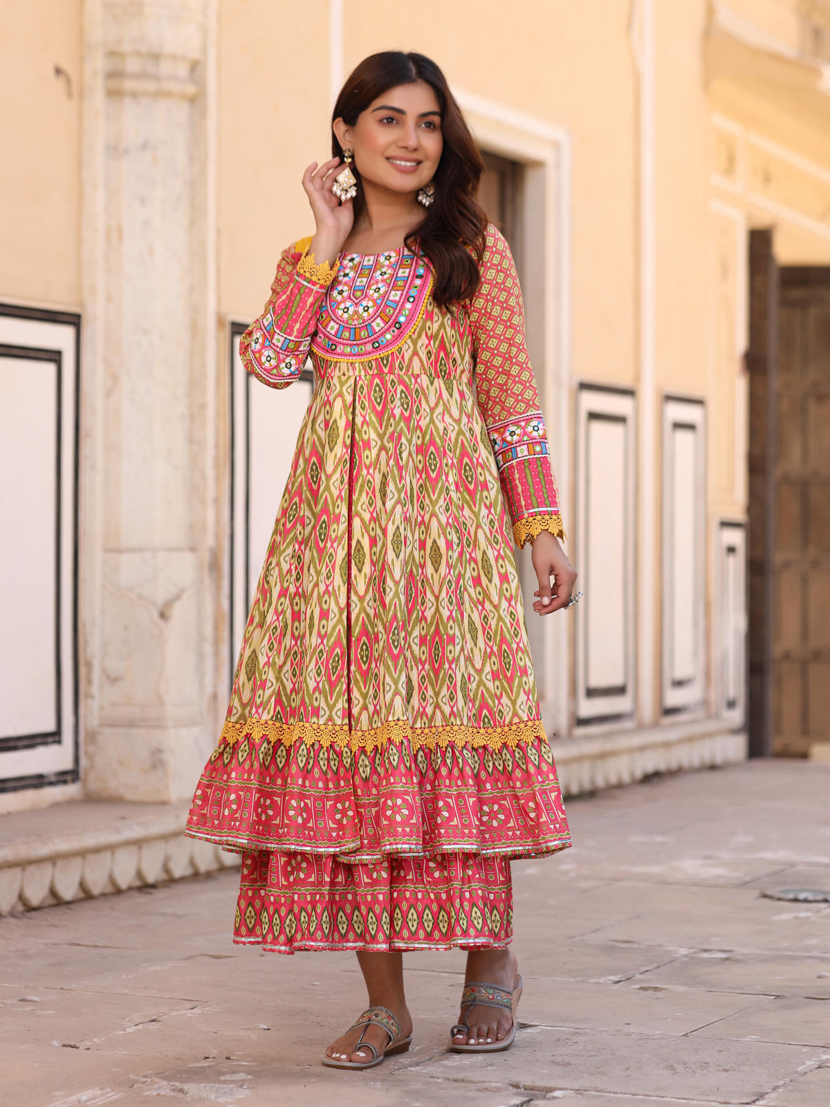 Juniper Women's Green Cotton Ikat Printed Layered Maxi Dress With Thread Embroidery & Dori Tassel Tie-Up At Waist - Distacart