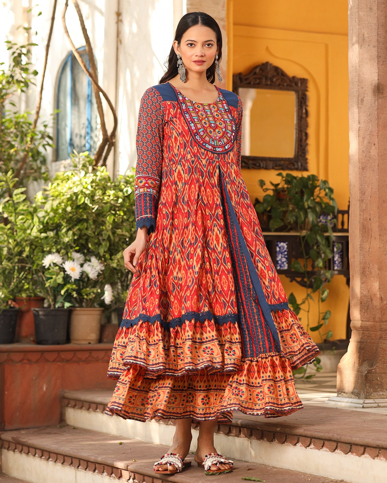 Juniper Rust Cotton Ikat Printed Layered Maxi Dress With Thread Embroidery & Dori Tassel Tie-Up At Waist - Distacart