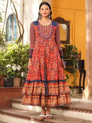 Juniper Rust Cotton Ikat Printed Layered Maxi Dress With Thread Embroidery & Dori Tassel Tie-Up At Waist - Distacart