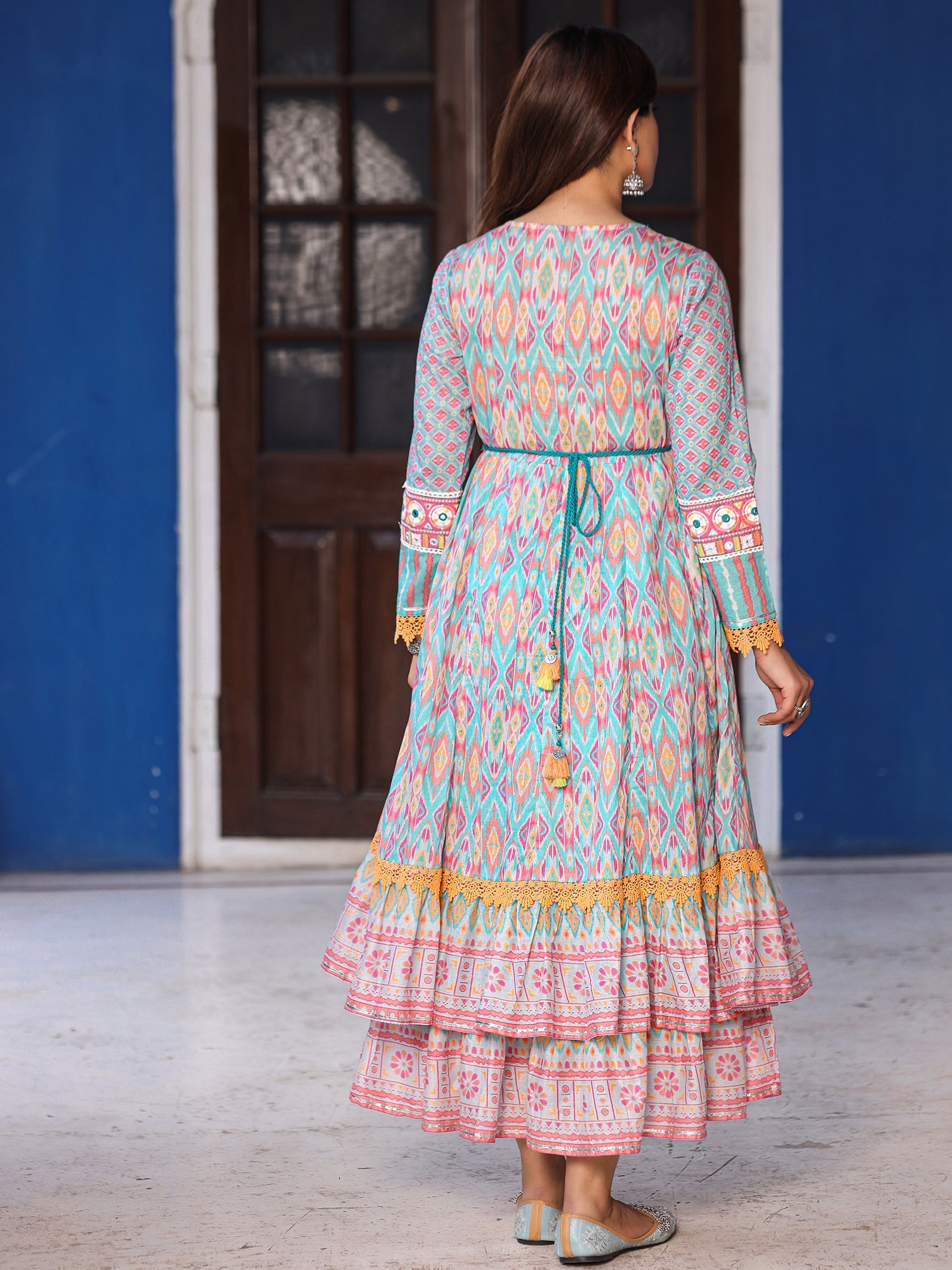 Juniper Women Ikat Printed & Embroidered Sky Blue Cotton Voile Layered Maxi Dress - Distacart