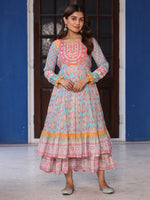 Thumbnail for Juniper Women Ikat Printed & Embroidered Sky Blue Cotton Voile Layered Maxi Dress - Distacart