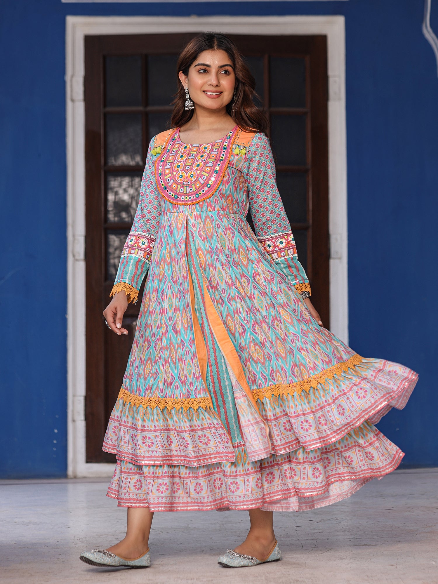 Juniper Women Ikat Printed & Embroidered Sky Blue Cotton Voile Layered Maxi Dress - Distacart
