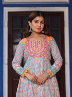 Thumbnail for Juniper Women Ikat Printed & Embroidered Sky Blue Cotton Voile Layered Maxi Dress - Distacart