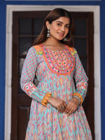 Thumbnail for Juniper Women Ikat Printed & Embroidered Sky Blue Cotton Voile Layered Maxi Dress - Distacart