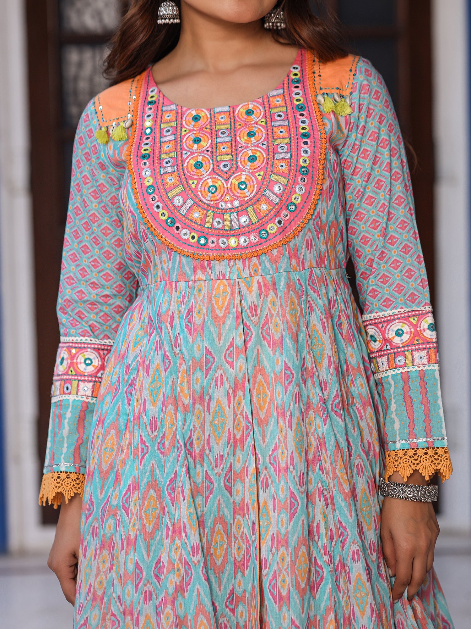Juniper Women Ikat Printed & Embroidered Sky Blue Cotton Voile Layered Maxi Dress - Distacart