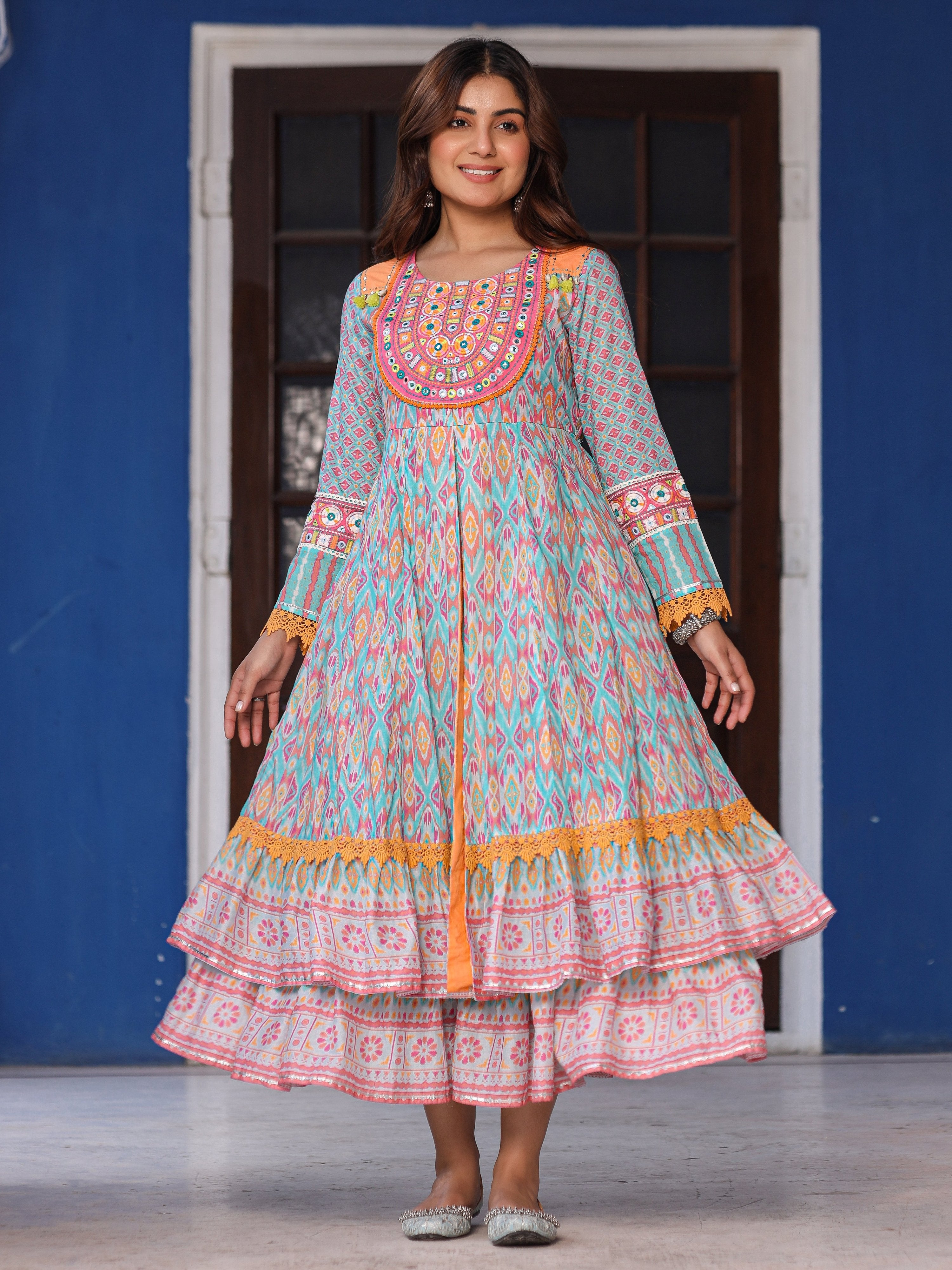 Juniper Women Ikat Printed & Embroidered Sky Blue Cotton Voile Layered Maxi Dress - Distacart