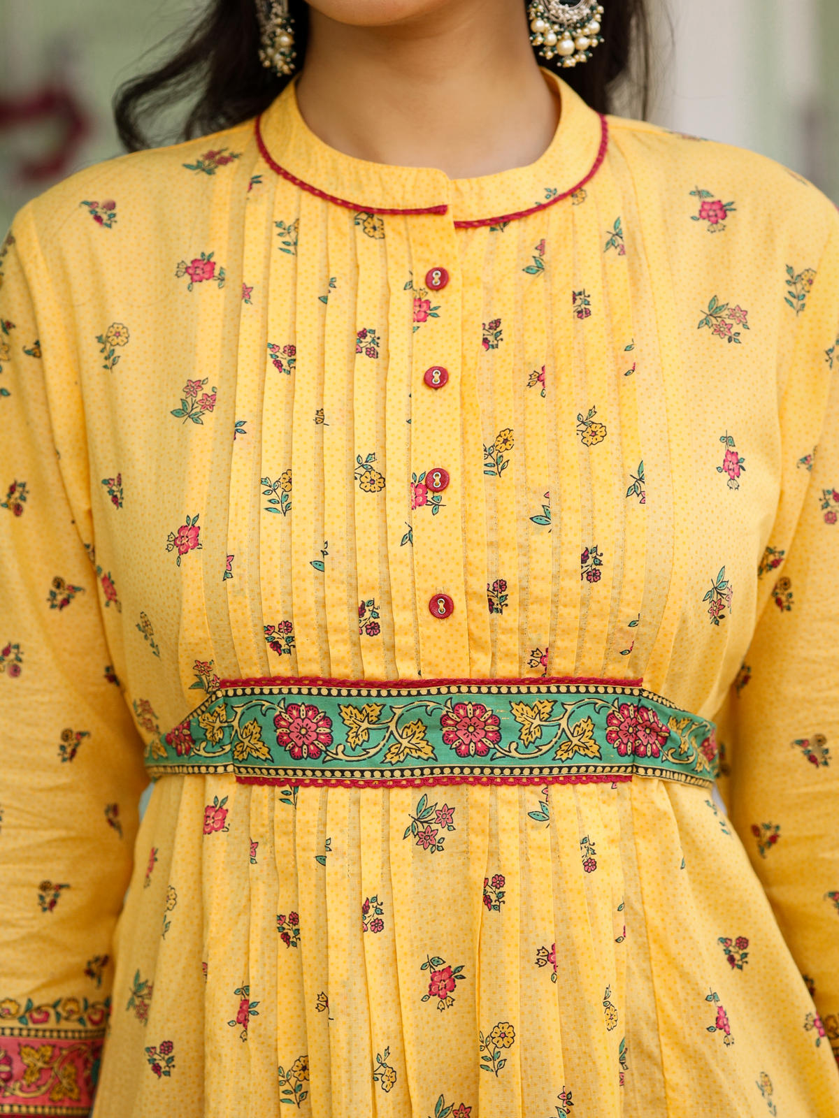 Juniper Women's Mustard Floral Printed Cotton Voile Tunic With Lace Work