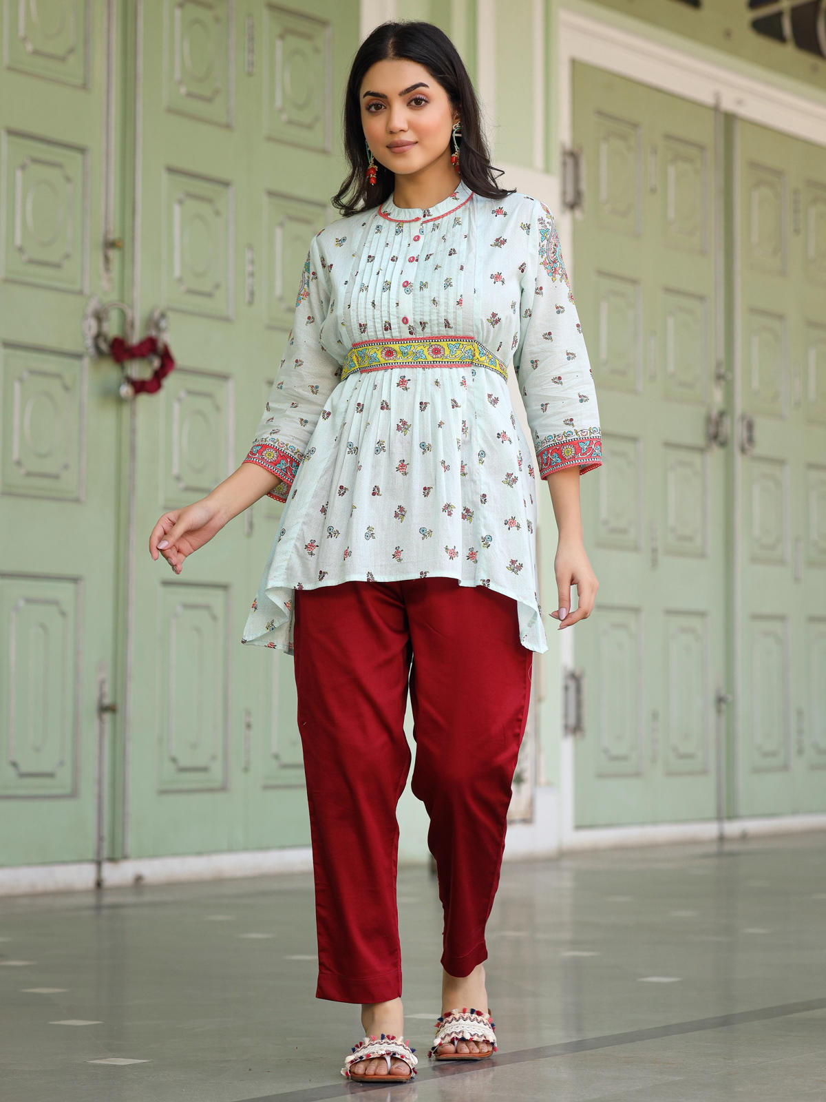 Juniper Women's Women Sky Blue Cotton Floral Printed Lacy Peplum Tunic With Tie-Up At Back - Distacart