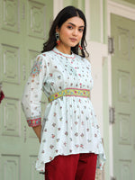 Thumbnail for Juniper Women's Women Sky Blue Cotton Floral Printed Lacy Peplum Tunic With Tie-Up At Back