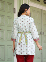 Thumbnail for Juniper Women's Women Sky Blue Cotton Floral Printed Lacy Peplum Tunic With Tie-Up At Back