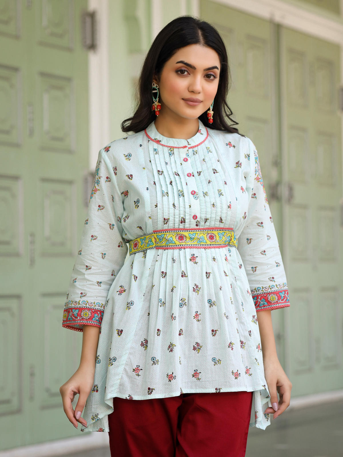 Juniper Women's Women Sky Blue Cotton Floral Printed Lacy Peplum Tunic With Tie-Up At Back - Distacart