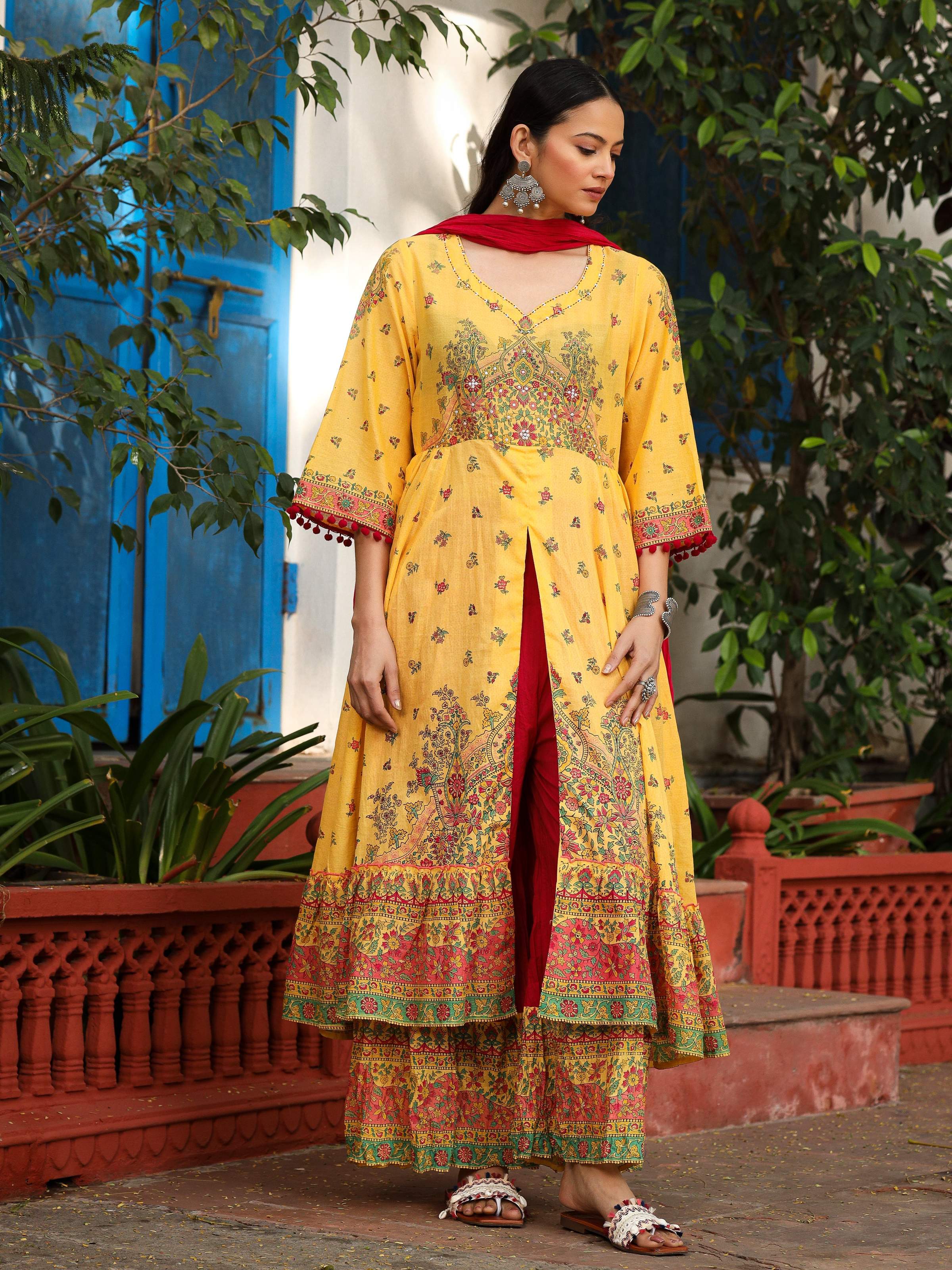 Juniper Mustard Cotton Floral Printed Anarkali Kurta With Pants And Dupatta Set With Sequins & Beadwork - Distacart
