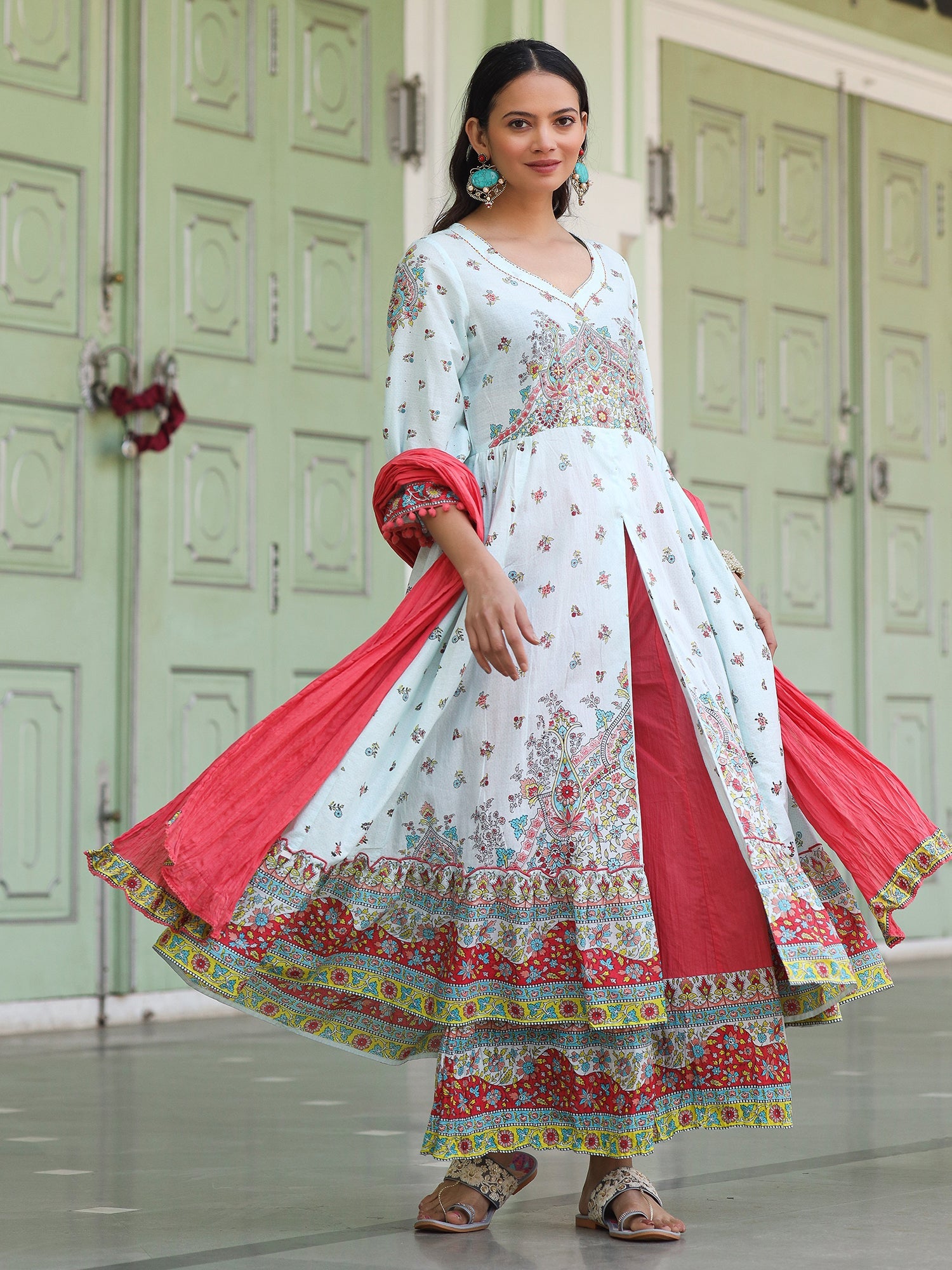 Juniper Sky Blue Cotton Floral Printed Anarkali Kurta With Pants And Dupatta Set With Sequins & Beadwork - Distacart