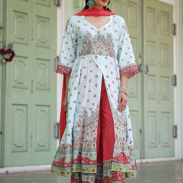 Juniper Sky Blue Cotton Floral Printed Anarkali Kurta With Pants And Dupatta Set With Sequins & Beadwork - Distacart