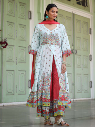 Juniper Sky Blue Cotton Floral Printed Anarkali Kurta With Pants And Dupatta Set With Sequins & Beadwork - Distacart