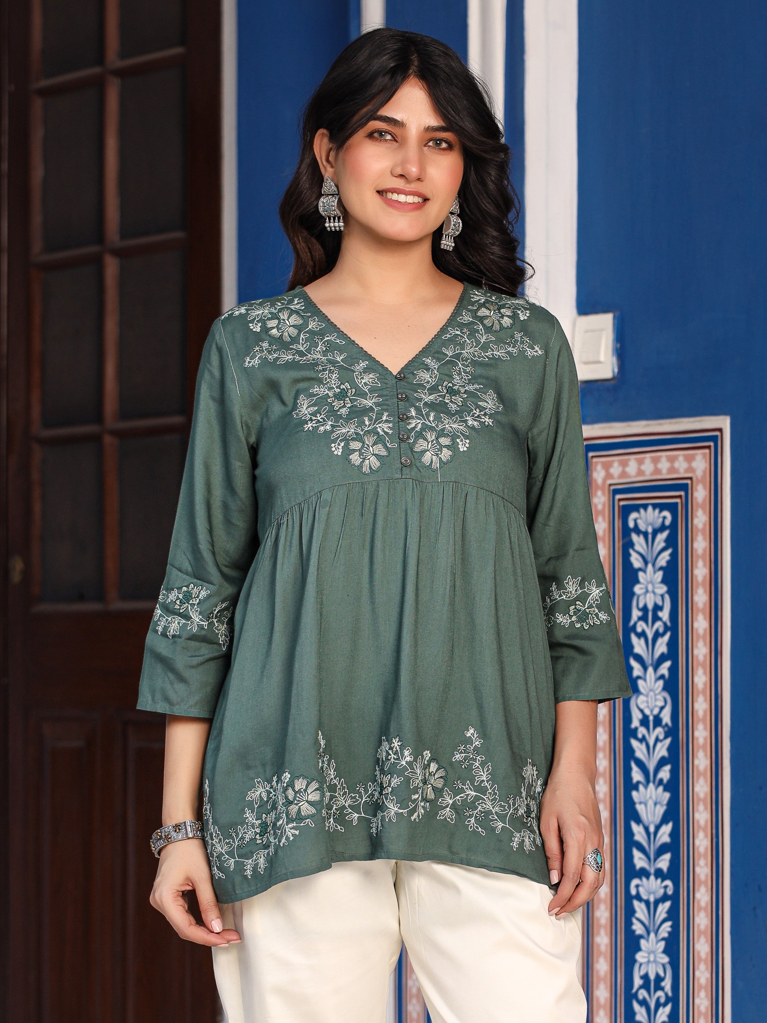 Juniper Green Modal Rayon Alia-Cut Embroidered Tunic - Distacart