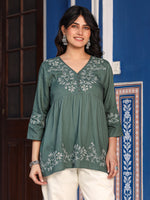 Thumbnail for Juniper Green Modal Rayon Alia-Cut Embroidered Tunic - Distacart