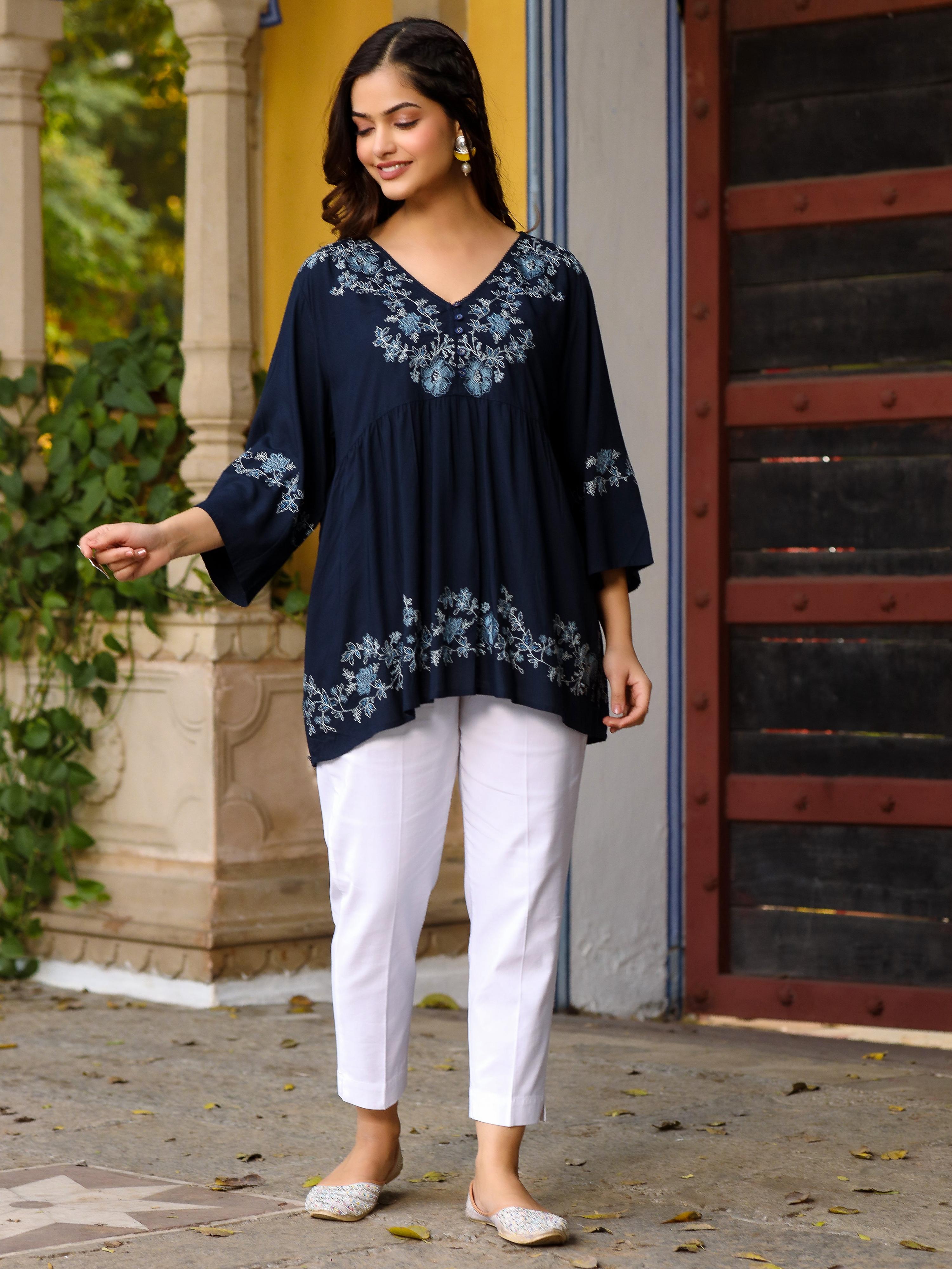 Juniper Navy Blue Modal Rayon Alia-Cut Embroidered Tunic - Distacart