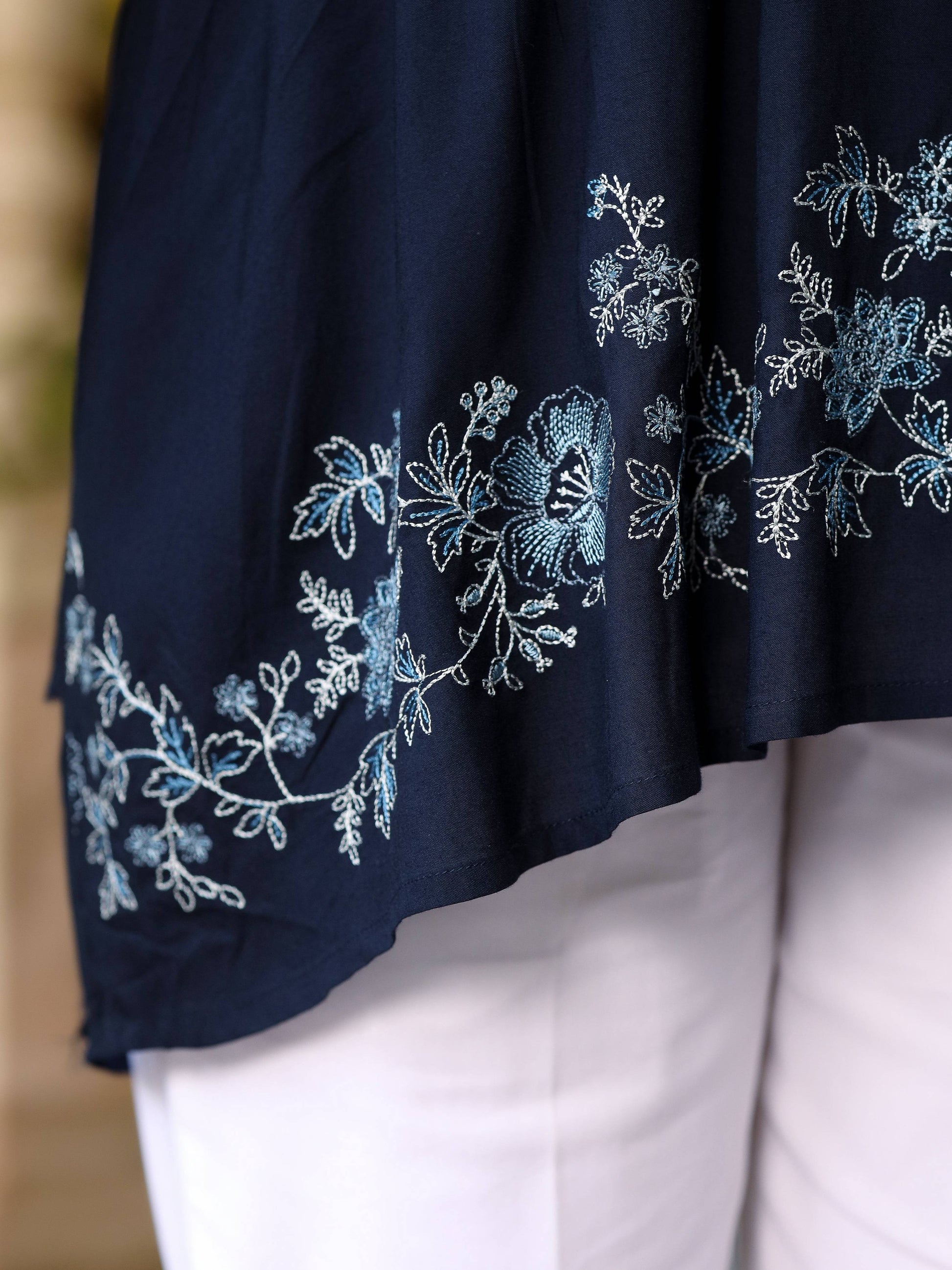 Juniper Navy Blue Modal Rayon Alia-Cut Embroidered Tunic - Distacart