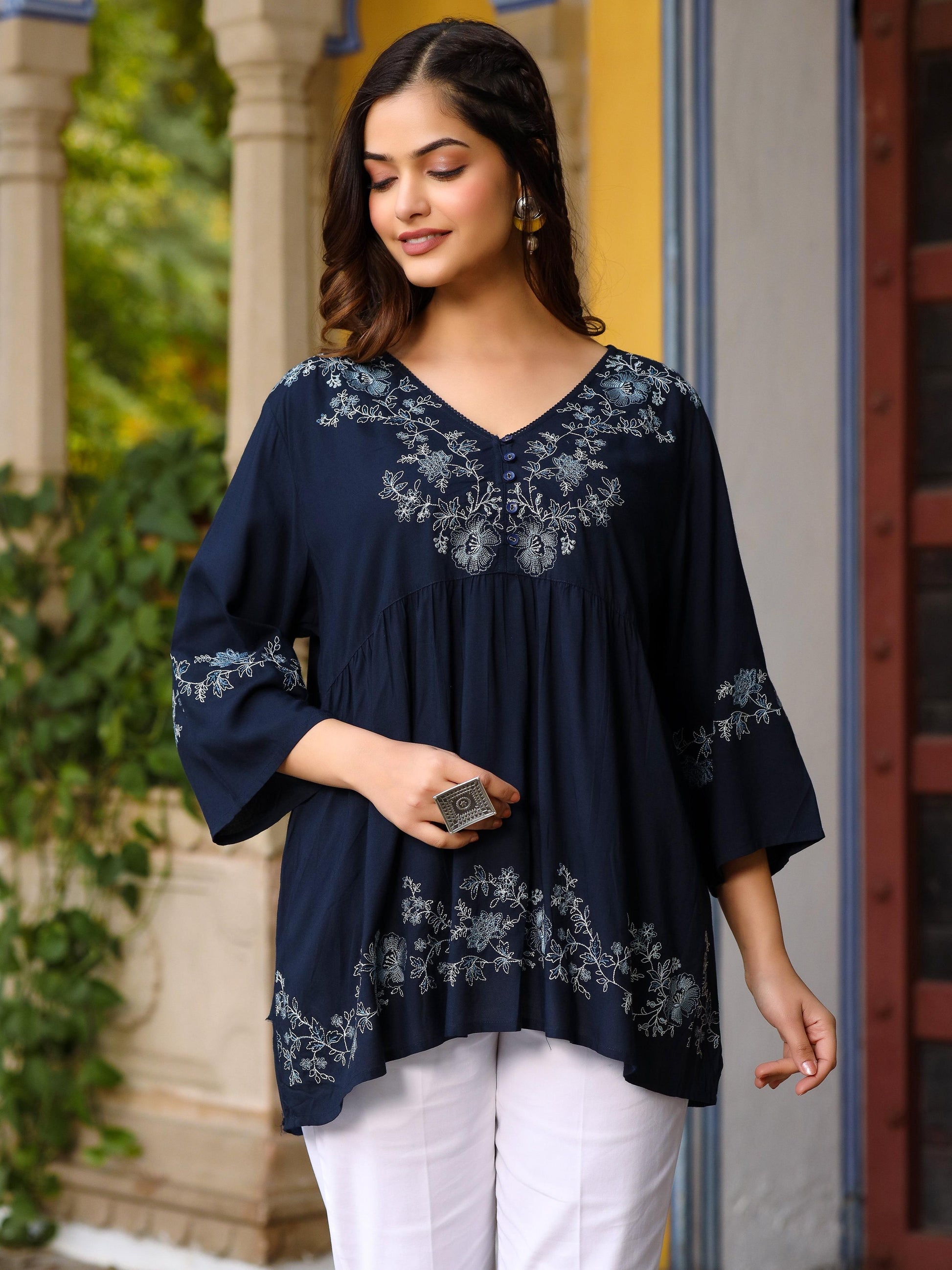 Juniper Navy Blue Modal Rayon Alia-Cut Embroidered Tunic - Distacart