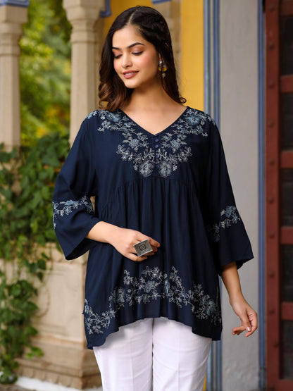 Juniper Navy Blue Modal Rayon Alia-Cut Embroidered Tunic - Distacart