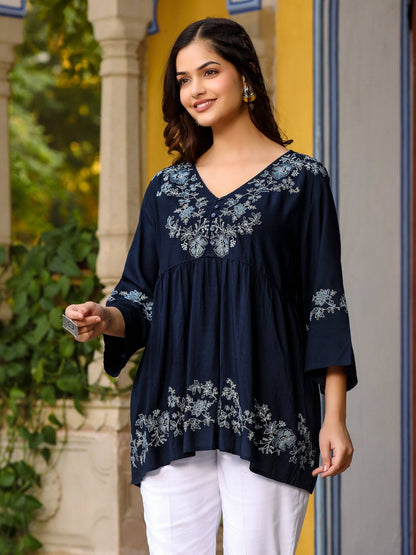 Juniper Navy Blue Modal Rayon Alia-Cut Embroidered Tunic - Distacart