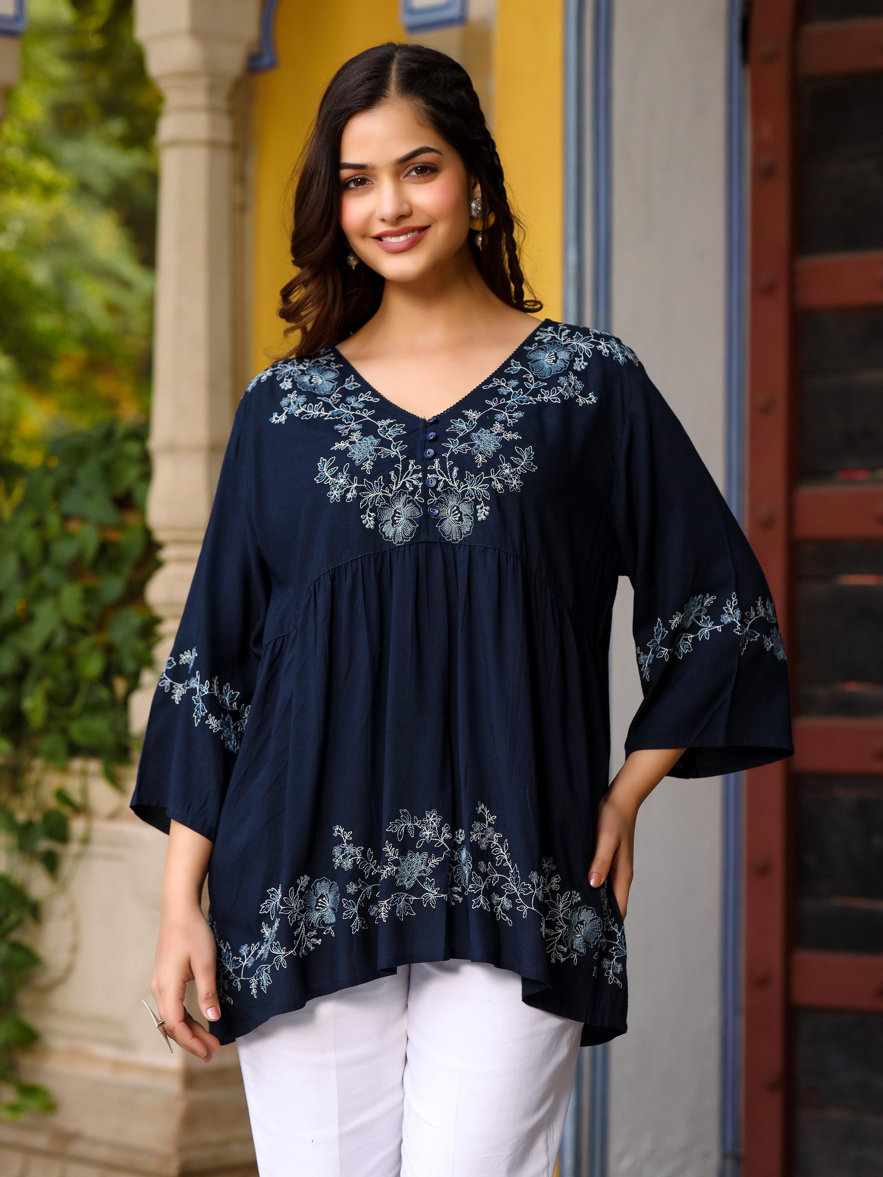 Juniper Navy Blue Modal Rayon Alia-Cut Embroidered Tunic - Distacart