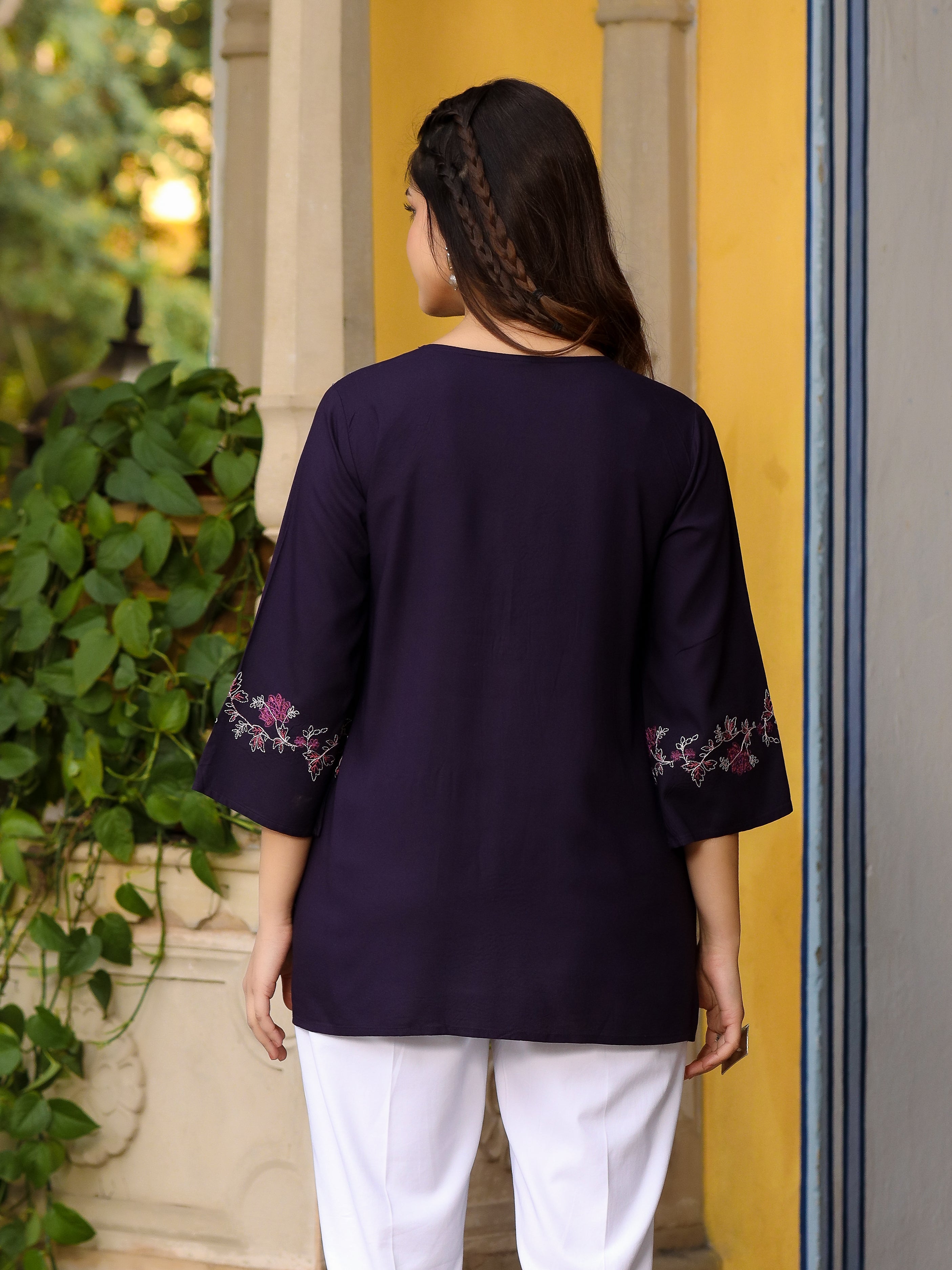 Juniper Purple Modal Rayon Alia-Cut Embroidered Tunic - Distacart