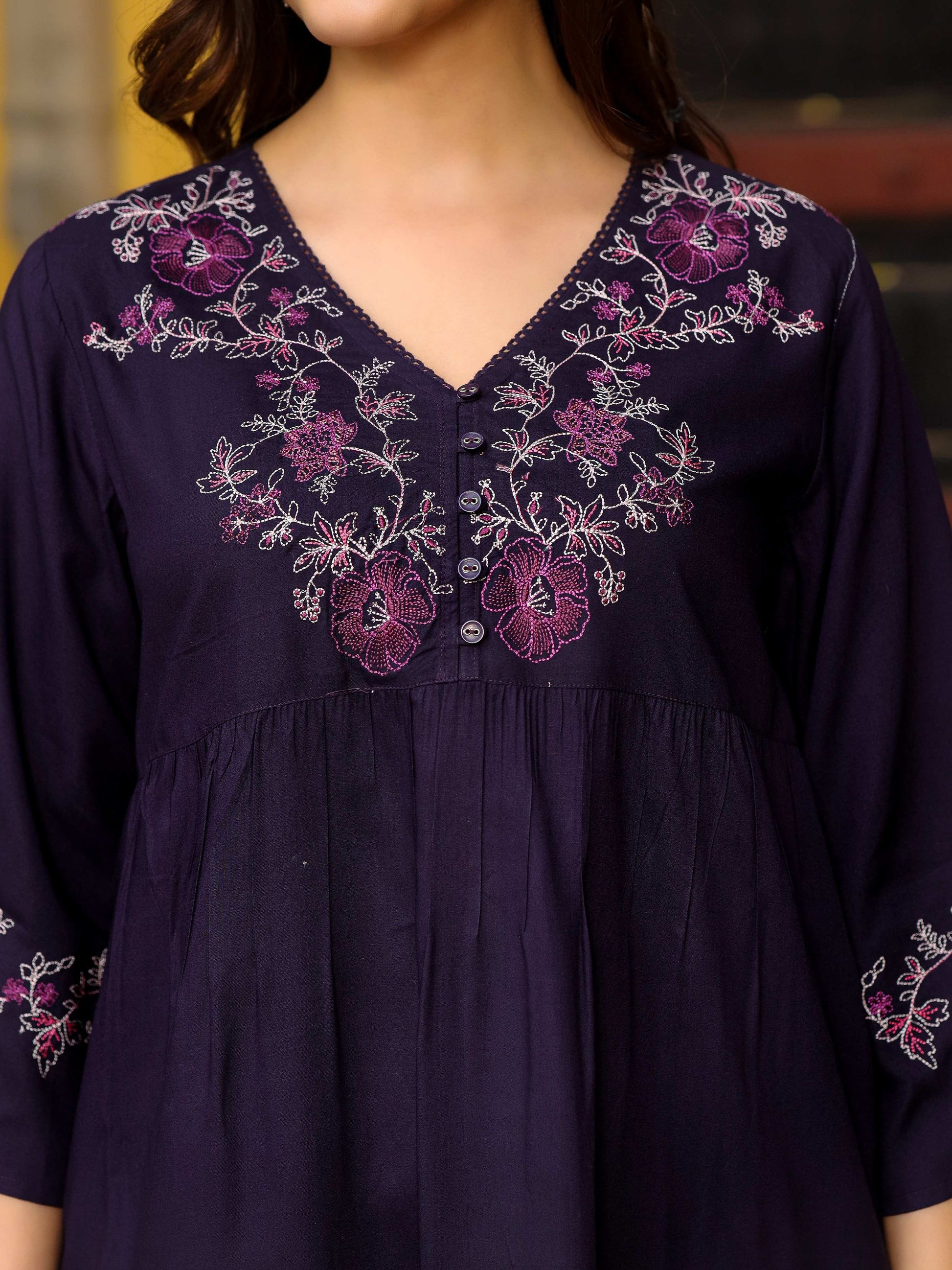 Juniper Purple Modal Rayon Alia-Cut Embroidered Tunic - Distacart