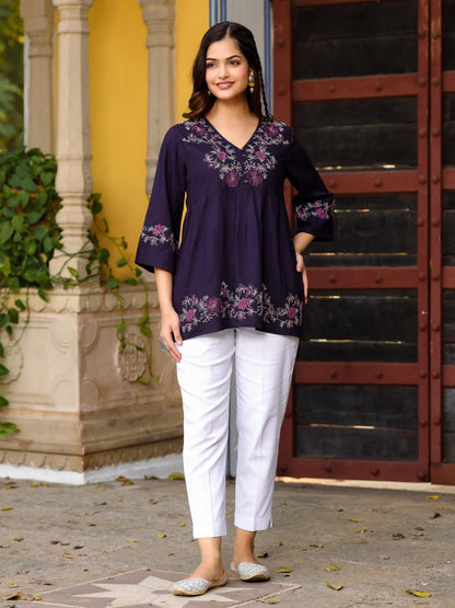 Juniper Purple Modal Rayon Alia-Cut Embroidered Tunic - Distacart