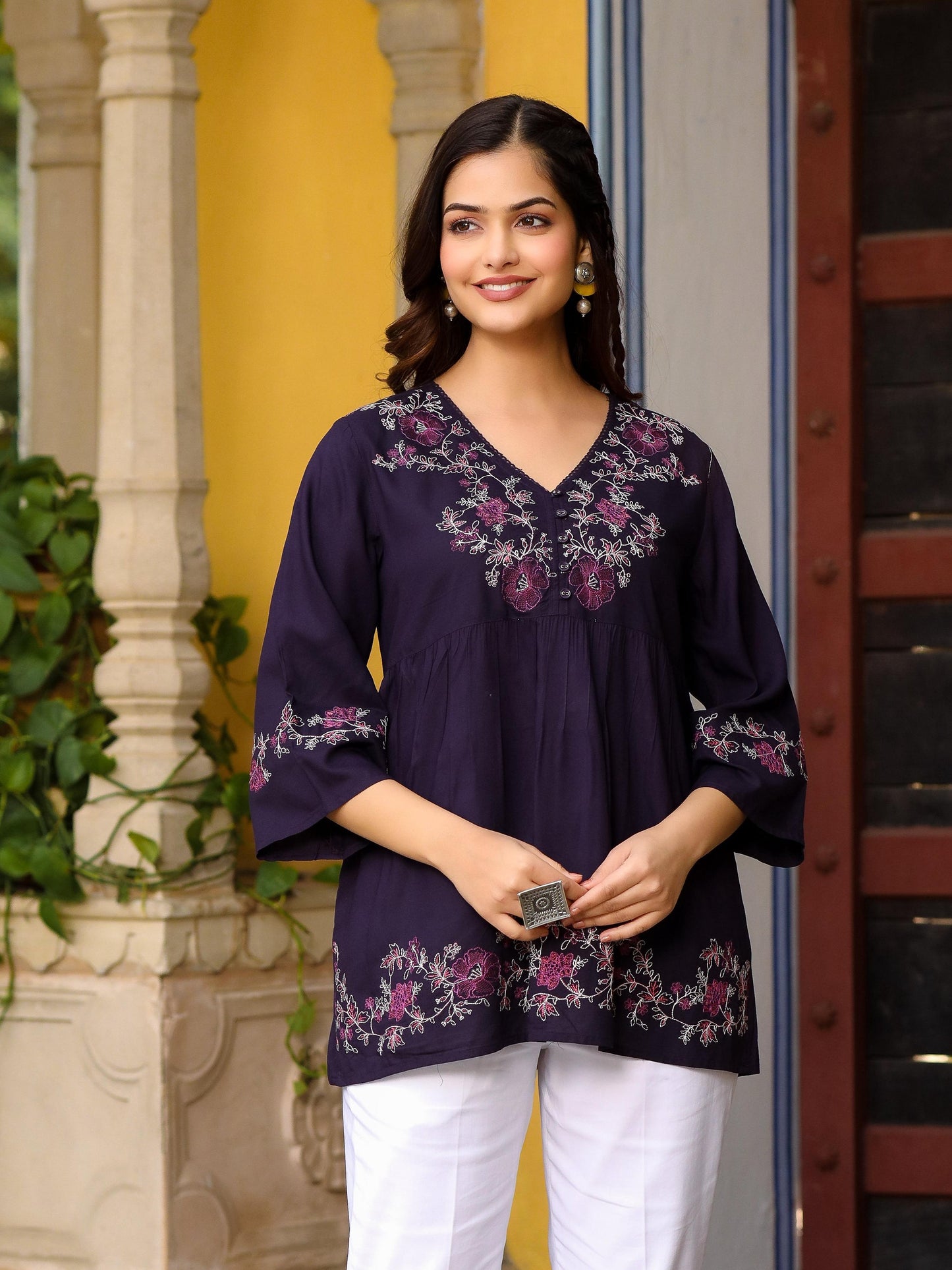 Juniper Purple Modal Rayon Alia-Cut Embroidered Tunic - Distacart