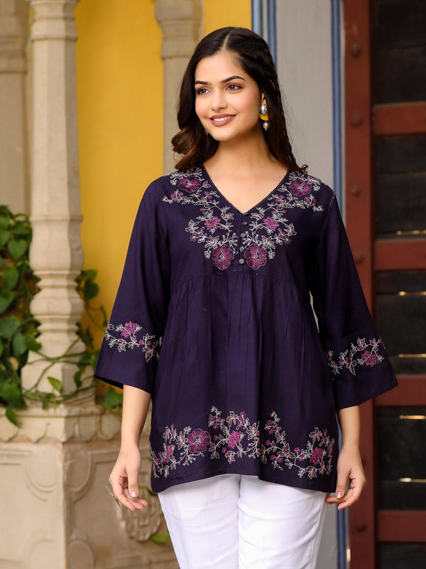 Juniper Purple Modal Rayon Alia-Cut Embroidered Tunic - Distacart