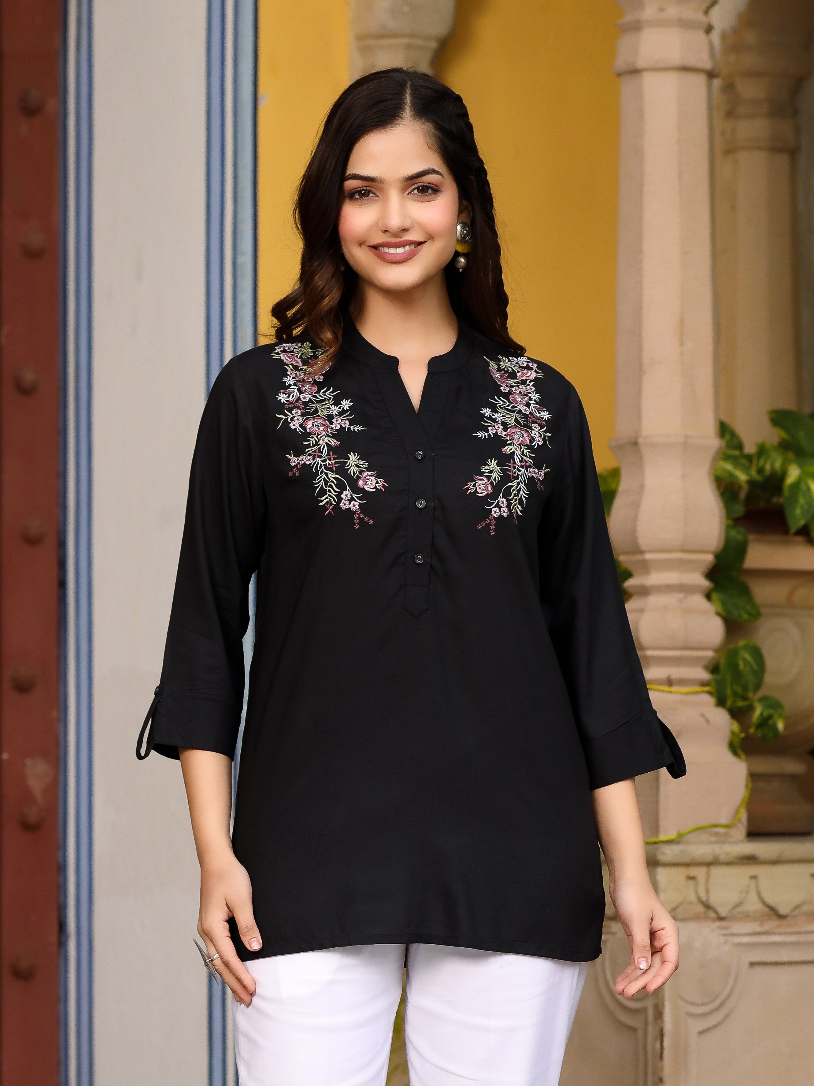 Juniper Black Modal Rayon Embroidered Tunic - Distacart