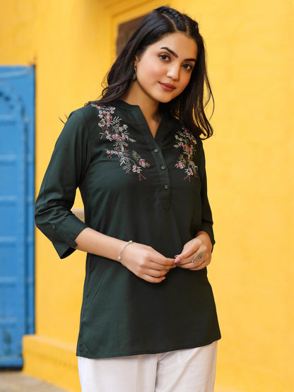 Juniper Green Modal Rayon Embroidered Tunic - Distacart