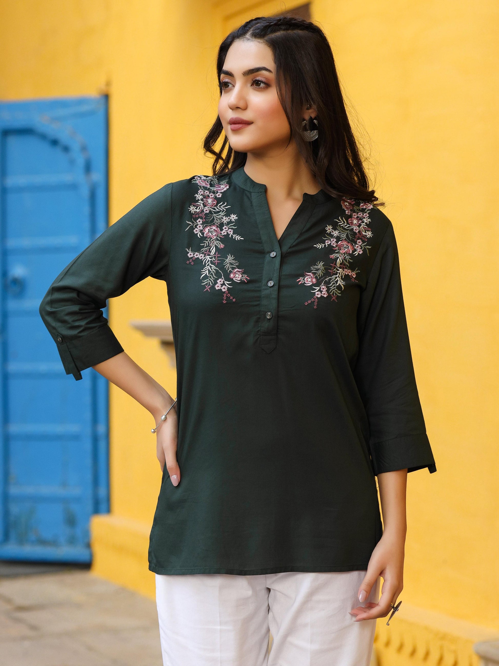 Juniper Green Modal Rayon Embroidered Tunic - Distacart