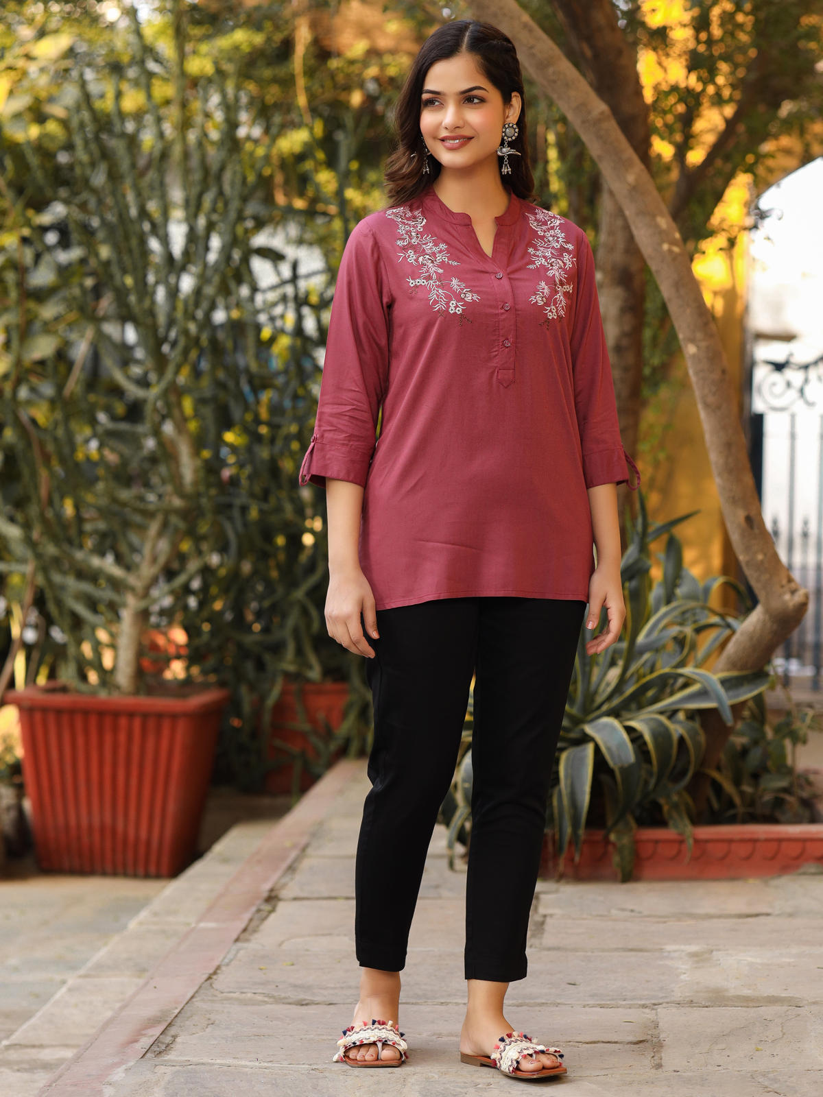 Juniper Women's Onion Pink Modal Rayon Embroidered Tunic - Distacart
