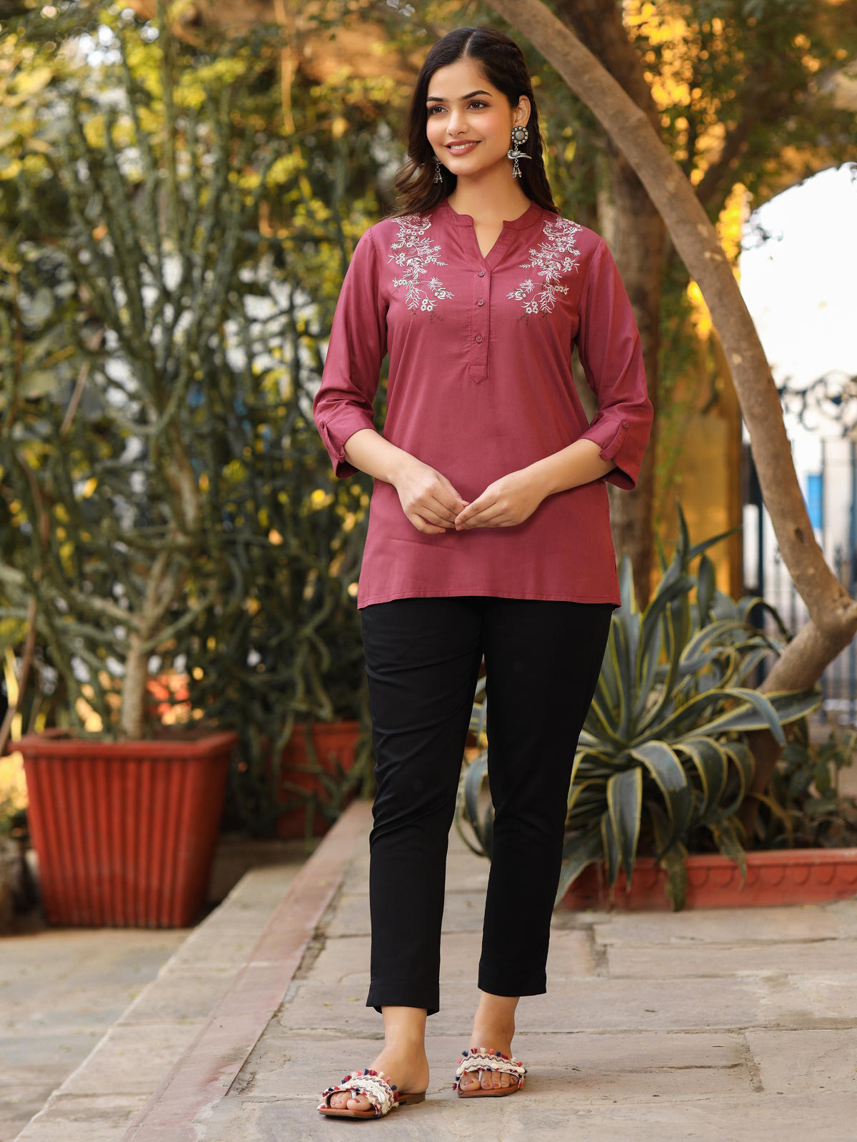 Juniper Women's Onion Pink Modal Rayon Embroidered Tunic - Distacart