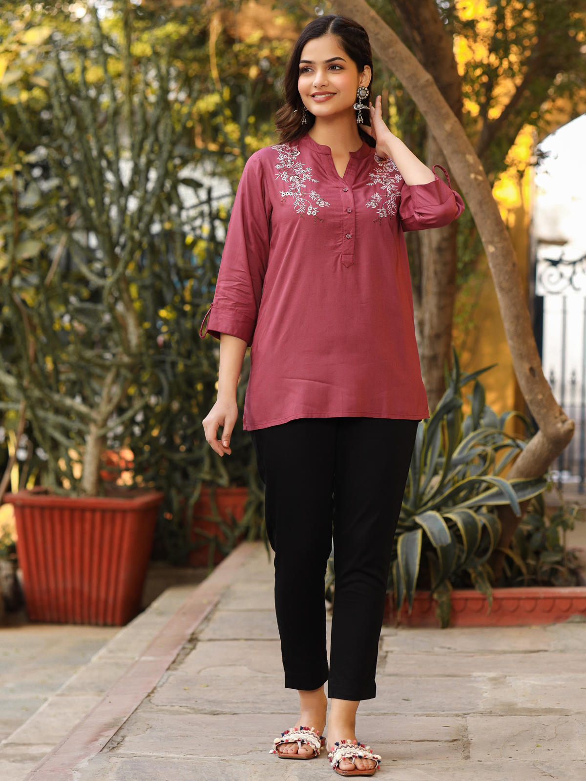 Juniper Women's Onion Pink Modal Rayon Embroidered Tunic - Distacart