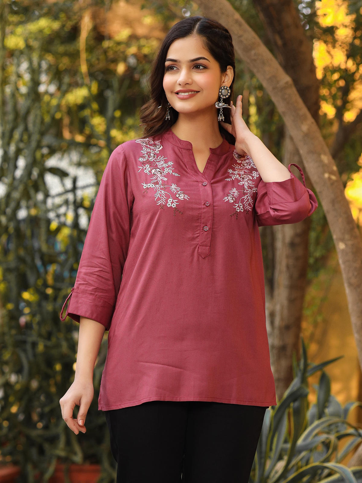 Juniper Women's Onion Pink Modal Rayon Embroidered Tunic - Distacart