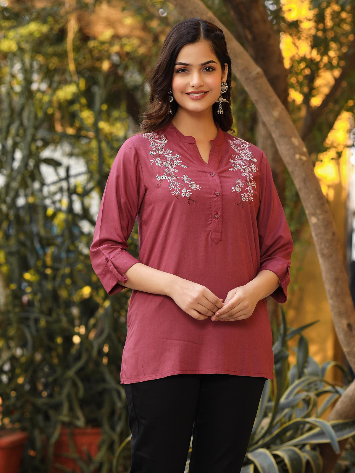 Juniper Women's Onion Pink Modal Rayon Embroidered Tunic - Distacart