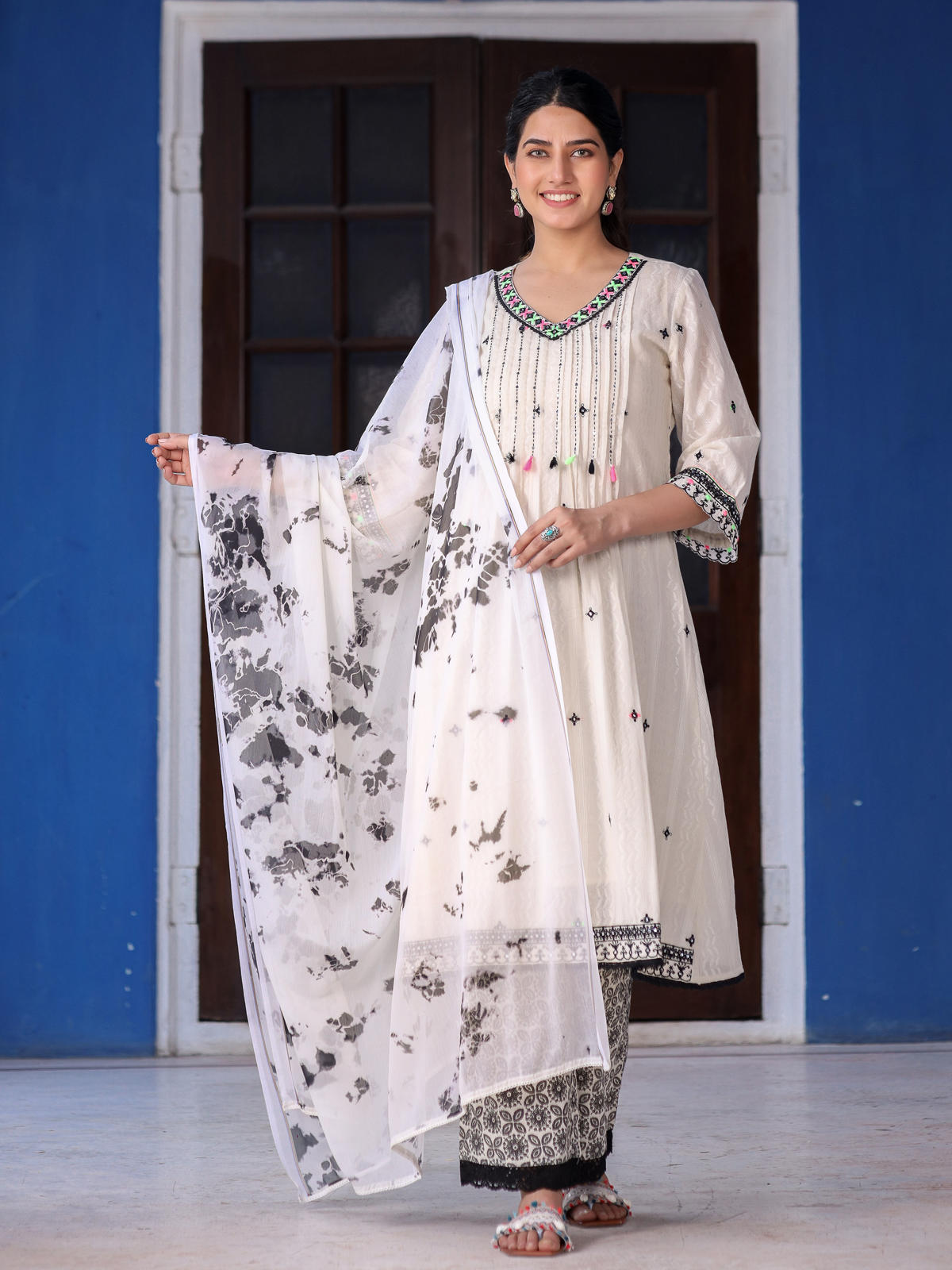 Juniper Women's Off-White & Black Cotton Dobby Pleated Embroidered Kurta Palazzo & Dupatta Set - Distacart