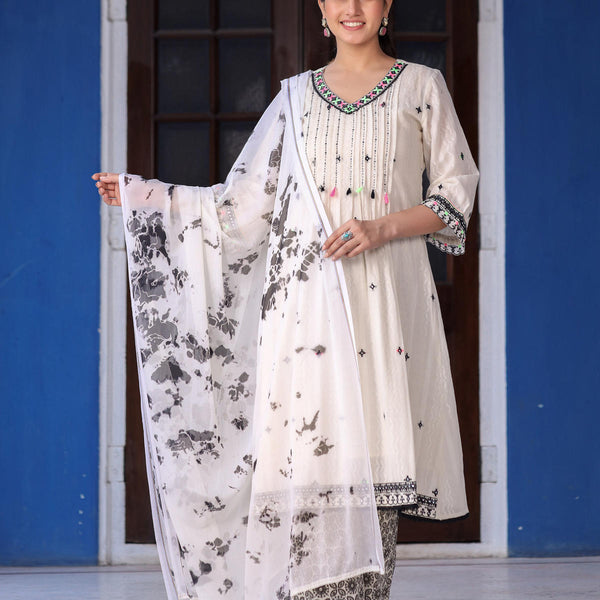 Juniper Women's Off-White & Black Cotton Dobby Pleated Embroidered Kurta Palazzo & Dupatta Set - Distacart
