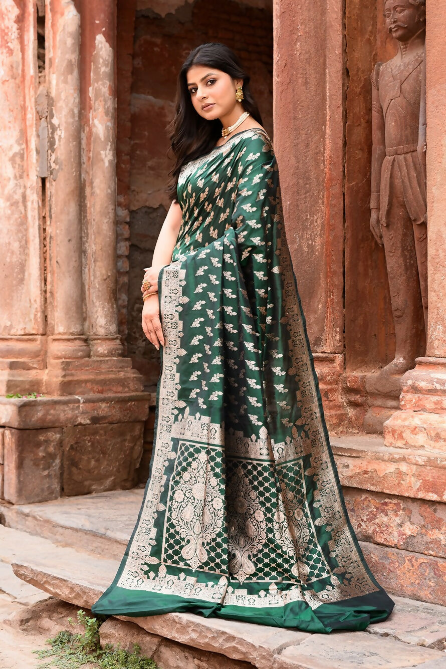 Joban Fashion Emerald Green Banarasi Katan Pure Handloom Banarasi Silk Saree