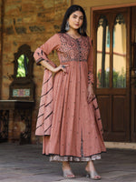 Thumbnail for Juniper Women's Onion Pink & Black Cotton Embroidered Anarkali Dress With Jacket & Tie-Dye Dupatta - Distacart