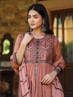 Thumbnail for Juniper Women's Onion Pink & Black Cotton Embroidered Anarkali Dress With Jacket & Tie-Dye Dupatta - Distacart