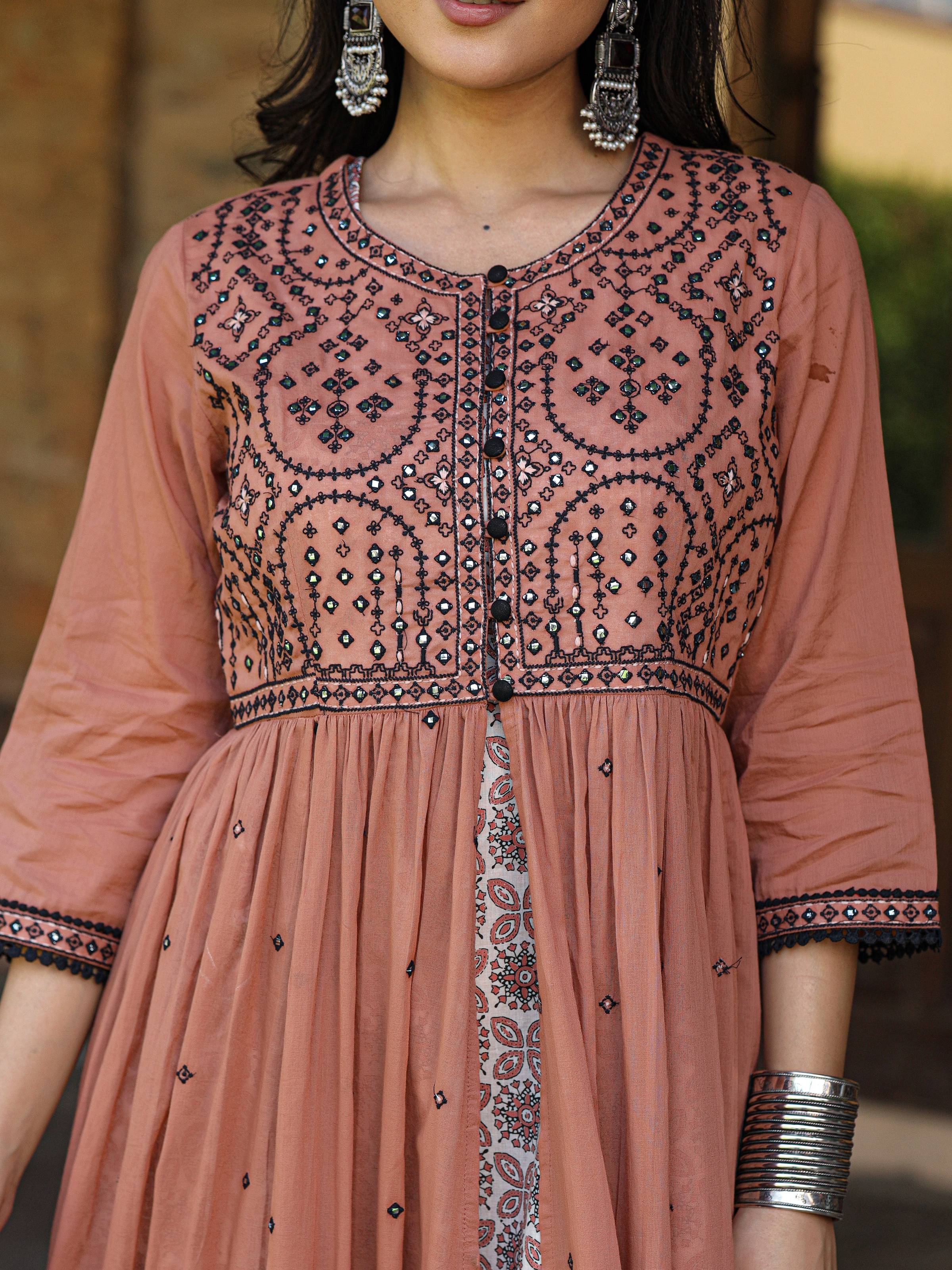 Juniper Women's Onion Pink & Black Cotton Embroidered Anarkali Dress With Jacket & Tie-Dye Dupatta - Distacart